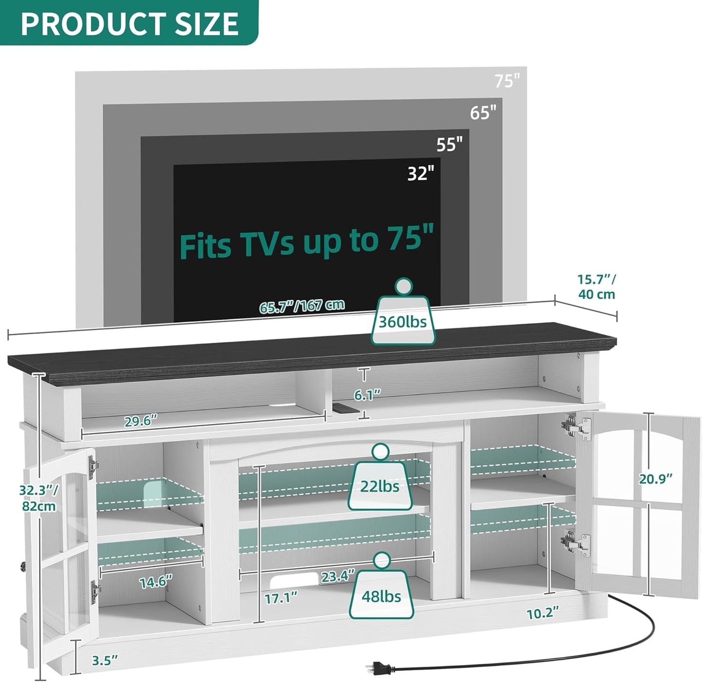 YITAHOME LED Farmhouse TV Stand for 75 Inch w/Outlets, Modern Entertainment Center with Glass Doors and Adjustable Storage Shelves, Media Console TV Cabinet for for Living Room, White/Black