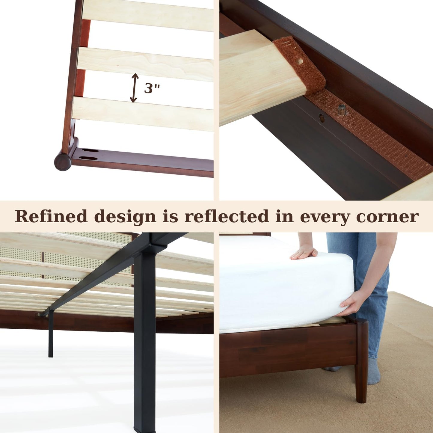 Bme Oliver Headboard Queen Size Bed Frame - 15-Inch Signature Design with Rattan Headboard, Bohemian and Mid Century Style, 12-Slat Wood Support, No Box Spring Needed - Easy Assembly, Walnut