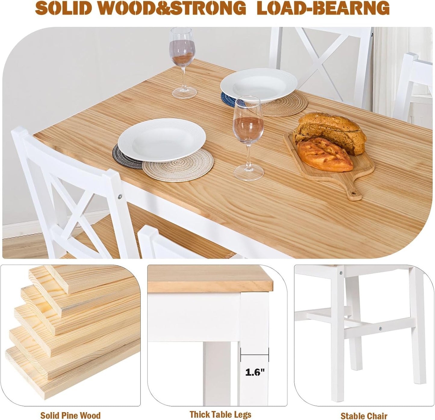 soges Dining Table Set for 4, 42.5 inch Pine Wood Dining Room Table with 4 Chairs, 5-Piece Kitchen Table Chairs Set for Small Space, Apartment, Dinette, Breakfast, White & Oak