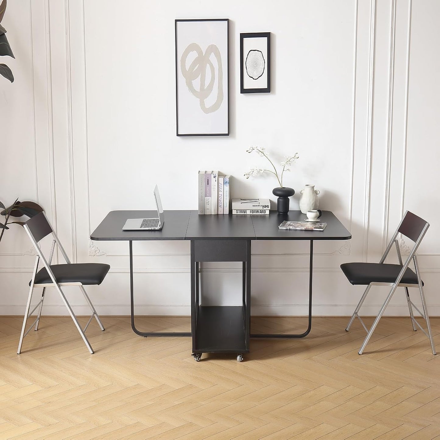 Folding table and chair set, dining table with extra large storage space and 4 universal wheels, matched with padded steel frame folding chairs, space-saving dining table and 2 chairs (Black)