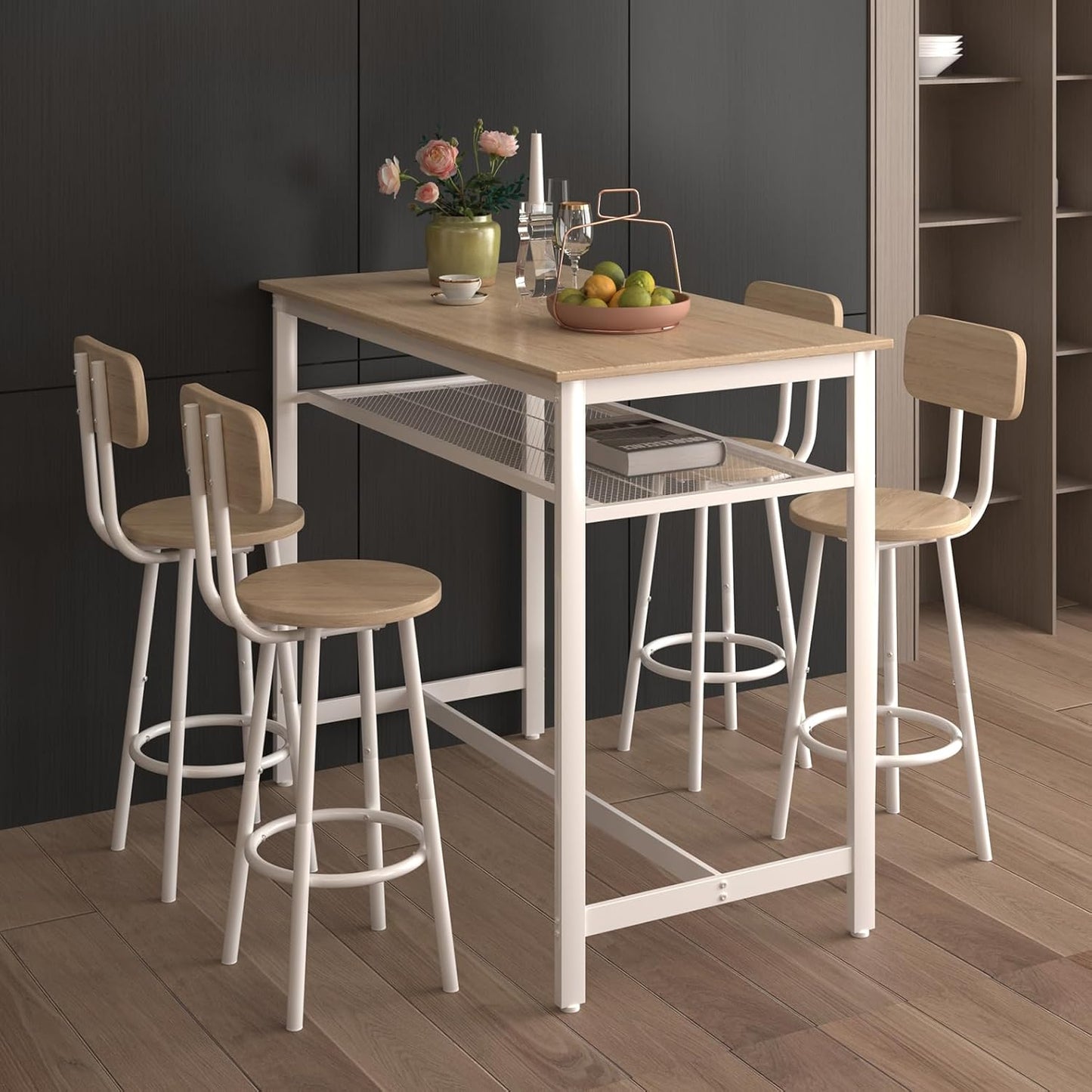 5-Piece Bar Table and Chairs Set, 43.3'' Pub Table Set Modern Small Table and Chairs Set of 4 for Breakfast Nook Living Room Small Space Restaurant, White Oak