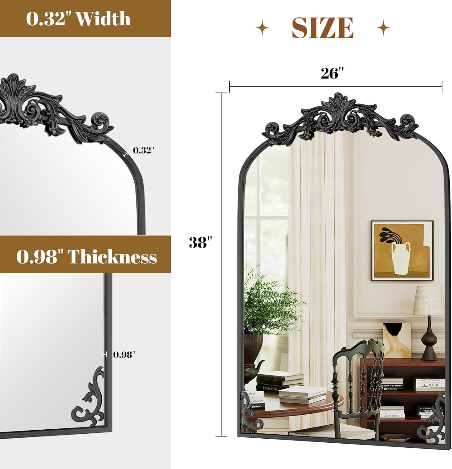 26x38 inch Vintage Arched Bathroom Mirror - Gorgeous Wall Vanity Mirror with Beautiful Retro Top and Bottom Engraving Process Frame for Entryway Hallway Living Room, Black