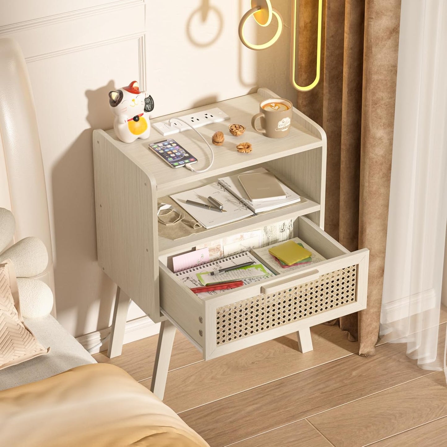 Lerliuo Rattan Nightstand with Charging Station, Side Table with Drawer Open Shelf, Cane Accent Bedside End Table with Solid Wood Legs, Night Stand for Bedroom, Dorm and Small Spaces (Grey White)