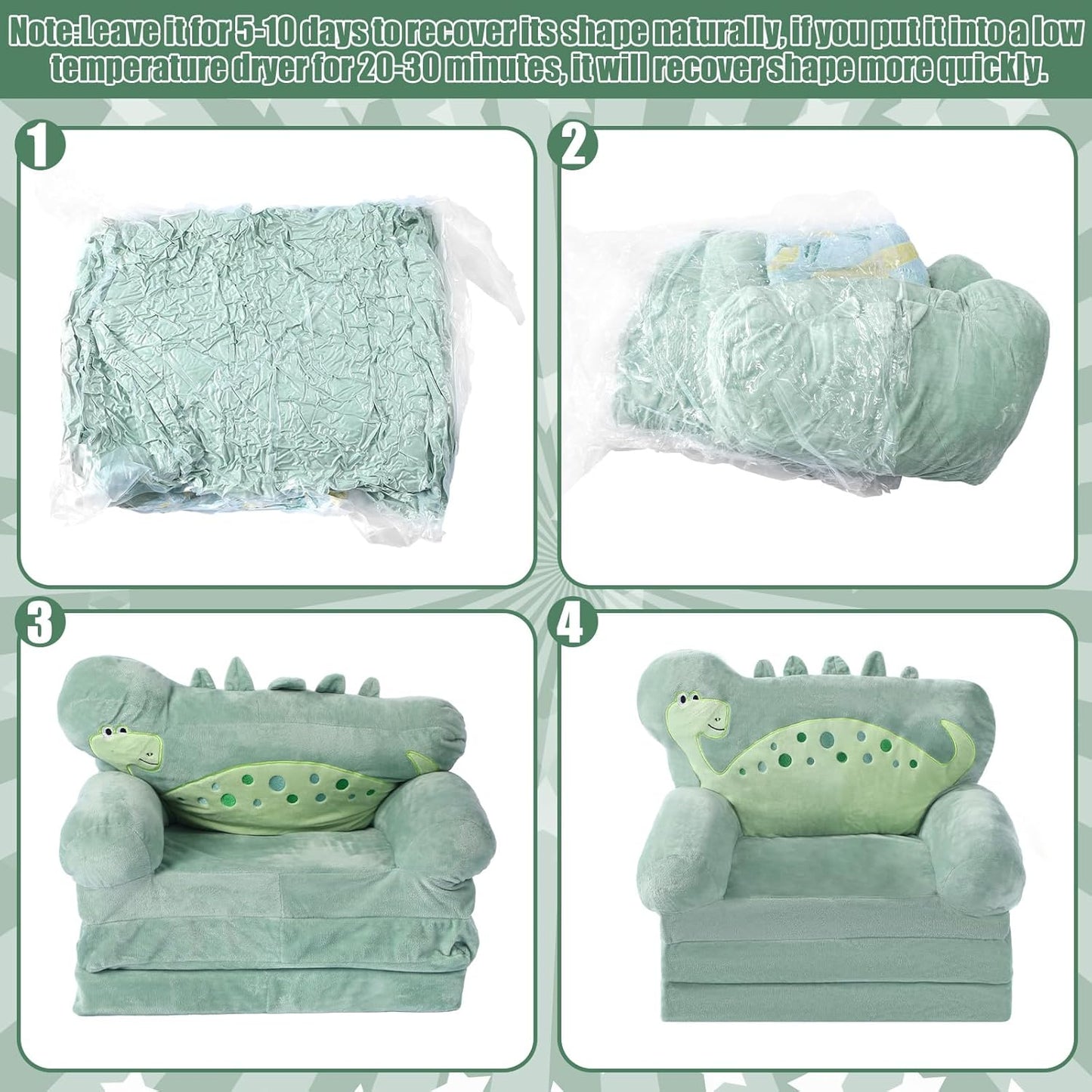 Dinosaur Kids Couch Fold Out 2-in-1 Toddler Sofa Fold Out with Blanket, Soft Toddler Chair Comfy for Boys Girls Baby, Convertible Sofa to Lounger for Napping Reading Playing Christmas, Green