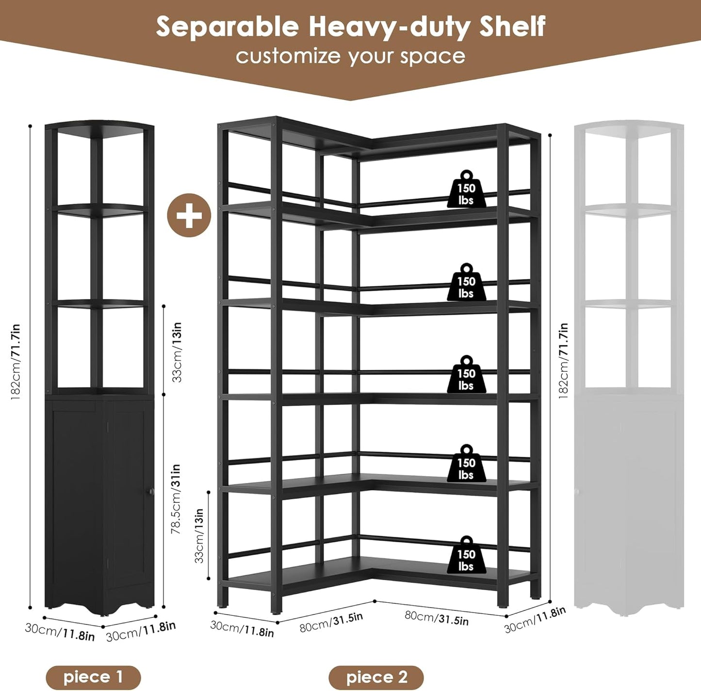 Keyluv Black Corner Bookshelf 72" Tall Corner Book Shelves Cases 2 Pieces Open Bookcase Large Storage Display Shelf Standing 6 Tier Shelving Unit with Cabinet for Home office Living Room, Wood & Metal