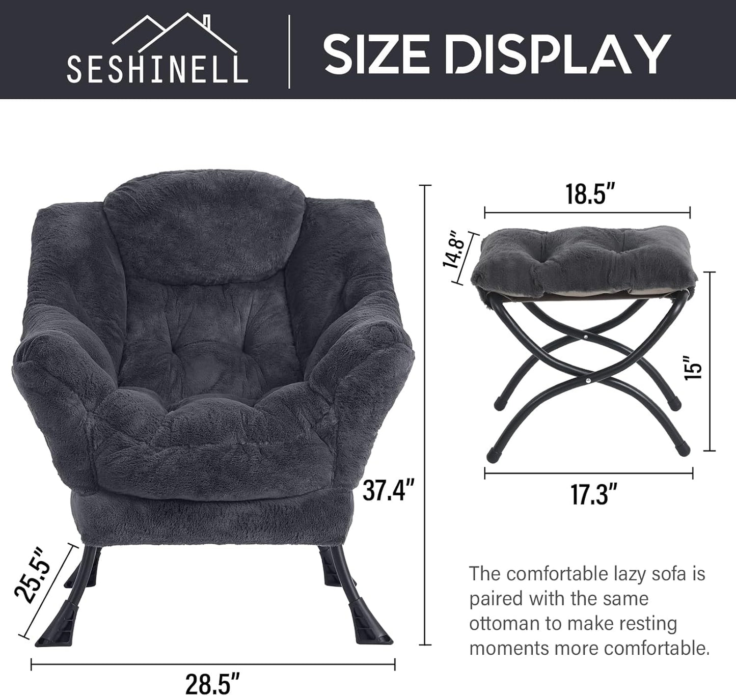 Lazy Chair with Ottoman, Modern Accent Chair Lounge Leisure Sofa Chair with Armrests, Reading Chair and Folding Footstool for Living Room, Bedroom, Office, Plush Navy