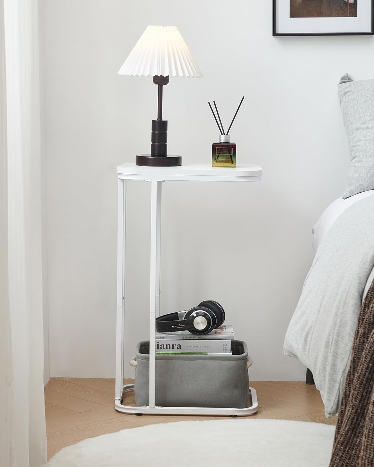 C Shaped End Table Set of 2, Small Side Table for Sofa and Bed, Couch Tables That Slide Under, Tall Tv Tray Table for Living Room, Bedroom, Snow White