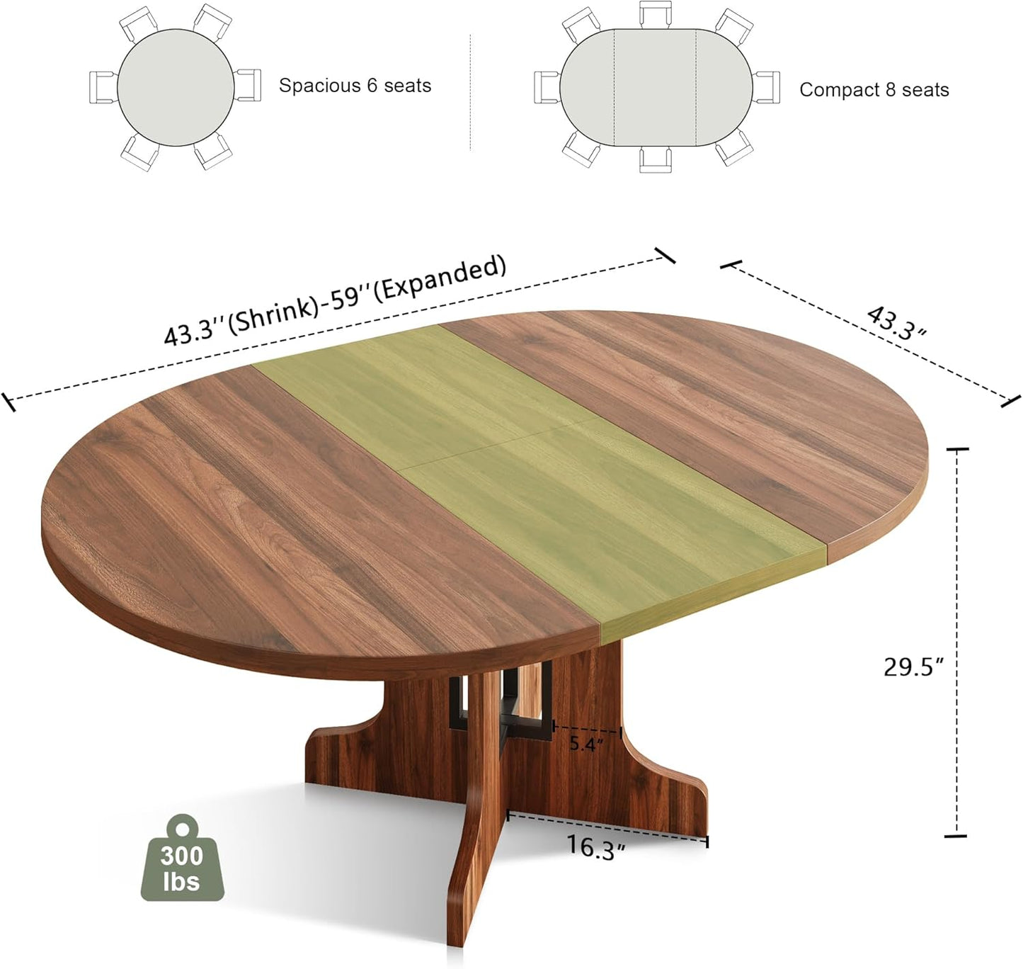 Feonase 59" Round Extendable Dining Room Table for 4-6, Modern Oval Kitchen Table with Heavy Duty Wood Base, Metal Frame Support, for Kitchen Dining Living Room, Easy Assembly, Walnut