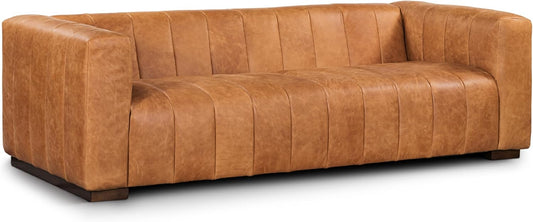 Poly & Bark Canale Leather Couch - 86 Inch Sofa - Full-Grain Channel Tufted Leather Sofa for Living Room - Living Room Couch - Pure Aniline Vintage Italian Leather in Cognac Tan