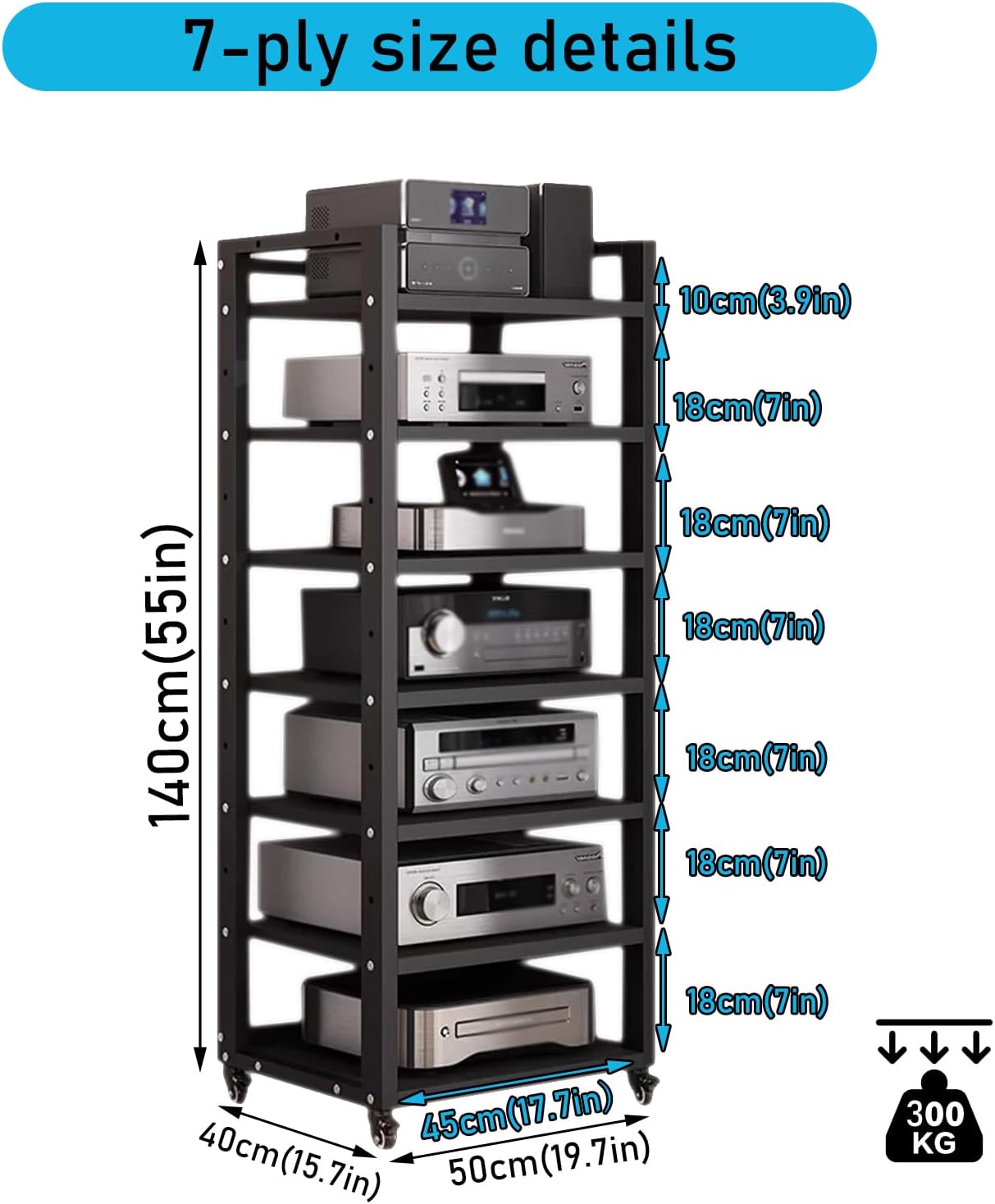 7 Tier Audio Rack Tower, CD Record Player Stereo Receiver AV Equipment Cabinet Display Rack, Weight Capacity 661 lbs, with Adjustable Wooden Shelves for Home (BIACK, 7 Tier 55×19.7×15.7IN)
