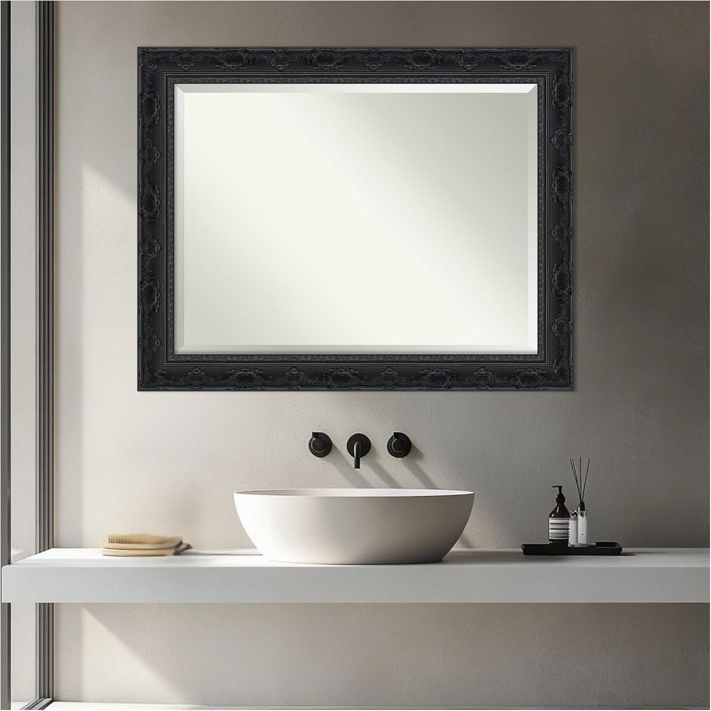 Amanti Art Bathroom Mirror for Over Sink, 29x23 Filigree Gloss Black Rectangle Vanity Mirror, Medium Traditional Frame, Hangs Horizonally and Vertically, Bathroom Wall Decor, Beveled Edge