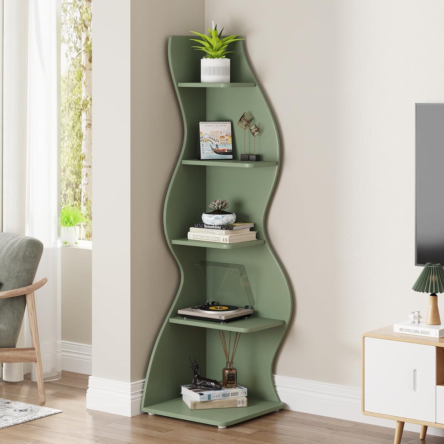Tribesigns Corner Shelf, Modern 5-Tier Wall Corner Bookshelf, Stylish Corner Small Bookcase Storage Rack Plant Stand with Unique Shape for Living Room, Home Office (Sage Green, 1PC)