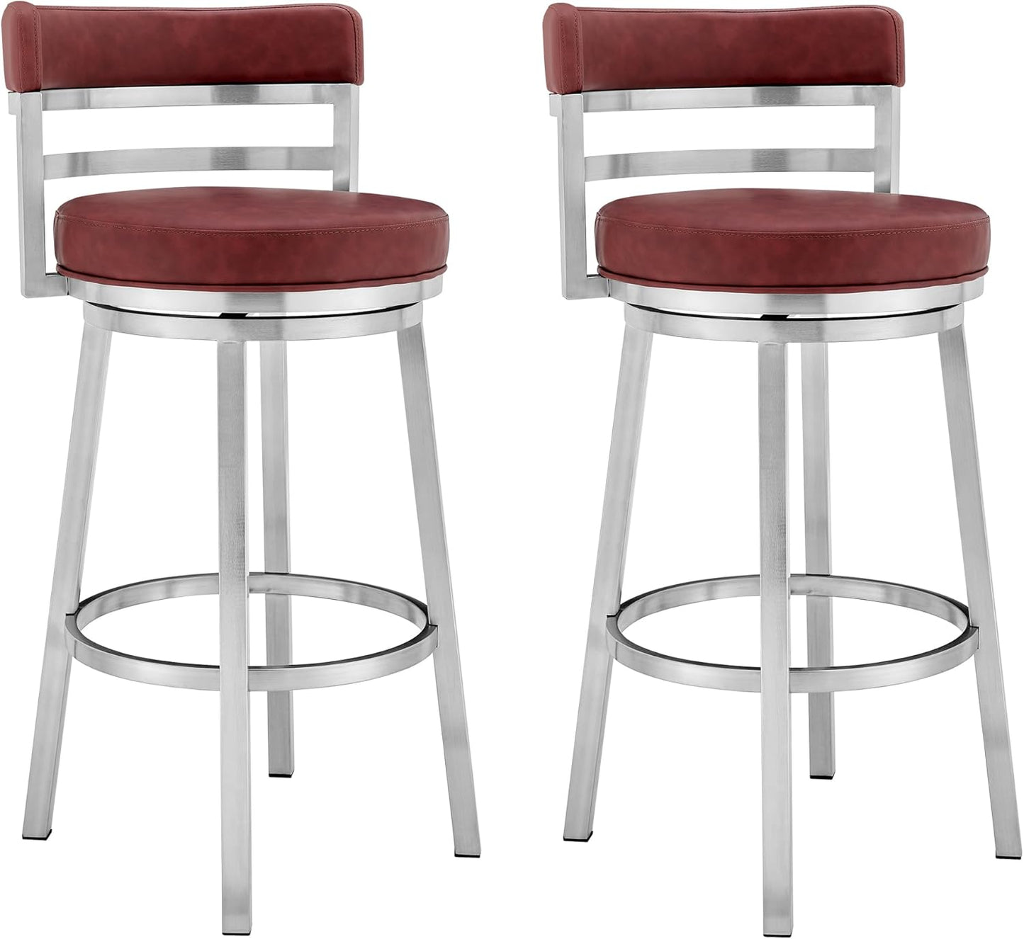 Armen Living Madrid 26" Seat Height Swivel Modern Red Faux Leather and Brushed Stainless Steel Bar Stool for Kitchen Island Counter, Set of 2