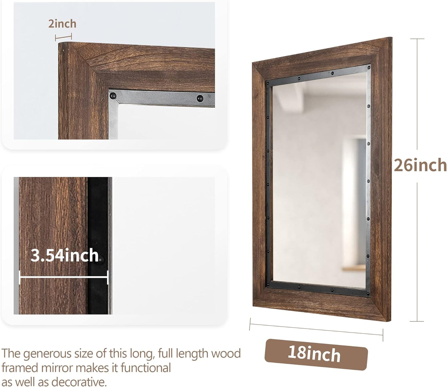 YOSHOOT Rustic Wooden Framed Wall Mirror, 26"x18", Natural Wood and Iron Bathroom Vanity Mirror for Farmhouse Decor, Vertical or Horizontal Hanging