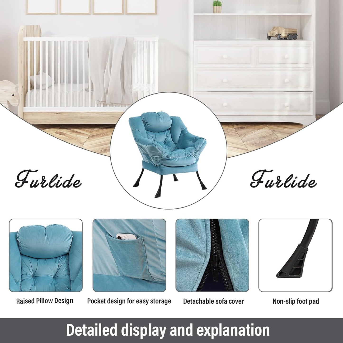 Lazy Chair with Ottoman, Modern Chair with Folding Footrest, Lounge Accent Chair, Comfortable Reading Chair (Velvet Light Blue