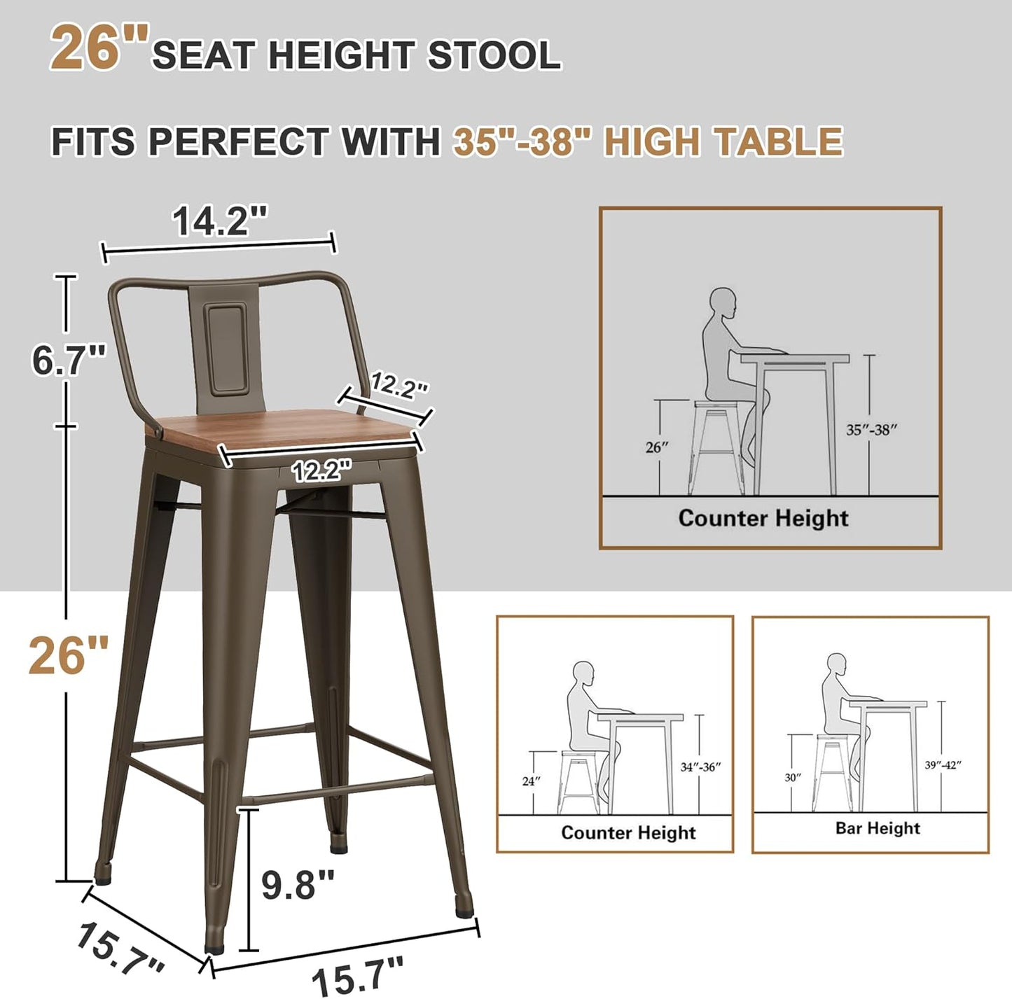 26 Inch Swivel Bar Stools Set of 4 with Backs Counter Height Industrial Metal Barstools Island Bar Chairs for Home Kitchen Dining Room (Swivel 26 inch,Rusty Wooden)