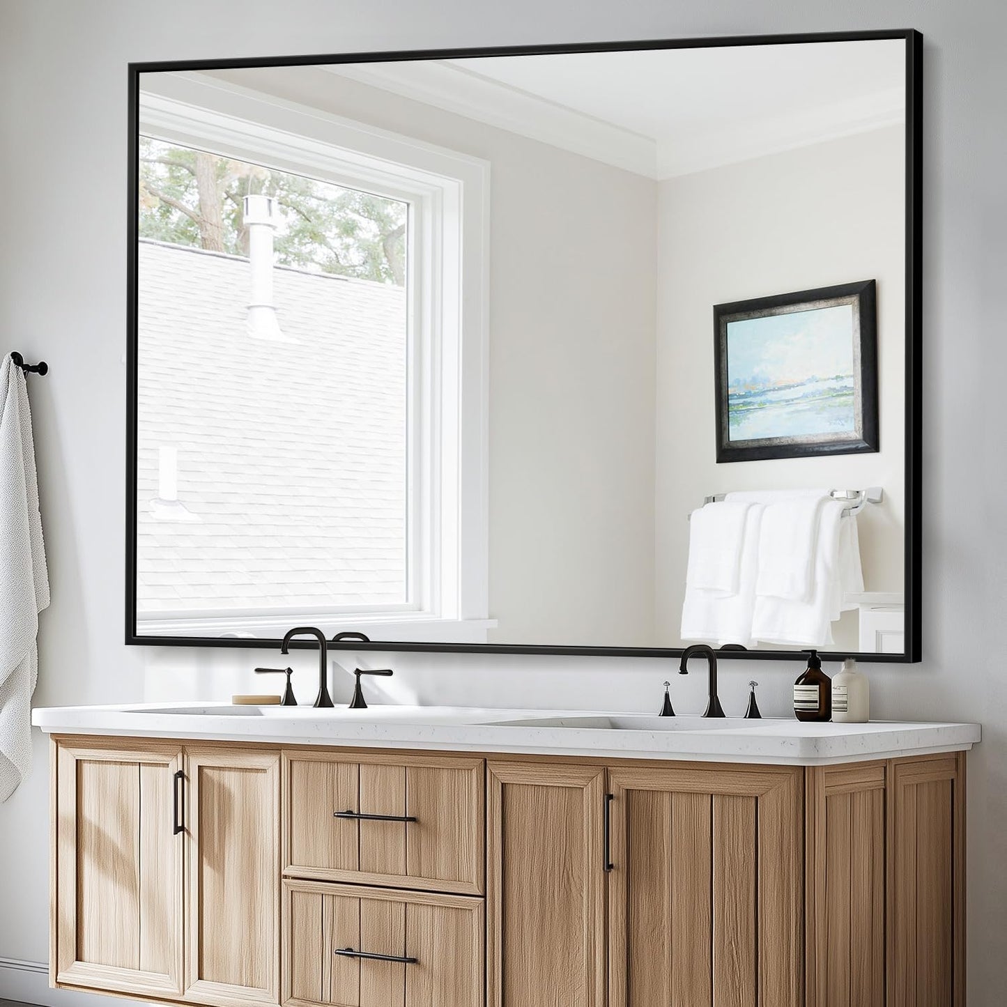 Bathroom Mirror, 55" x 36" Wall Mirror, Rectangular Aluminum Alloy Frame Contemporary Hanging Mirror for Living Room Bathroom, Black Rectangle Corner