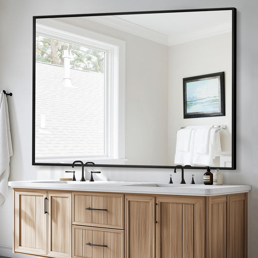 Bathroom Mirror, 55" x 36" Wall Mirror, Rectangular Aluminum Alloy Frame Contemporary Hanging Mirror for Living Room Bathroom, Black Rectangle Corner