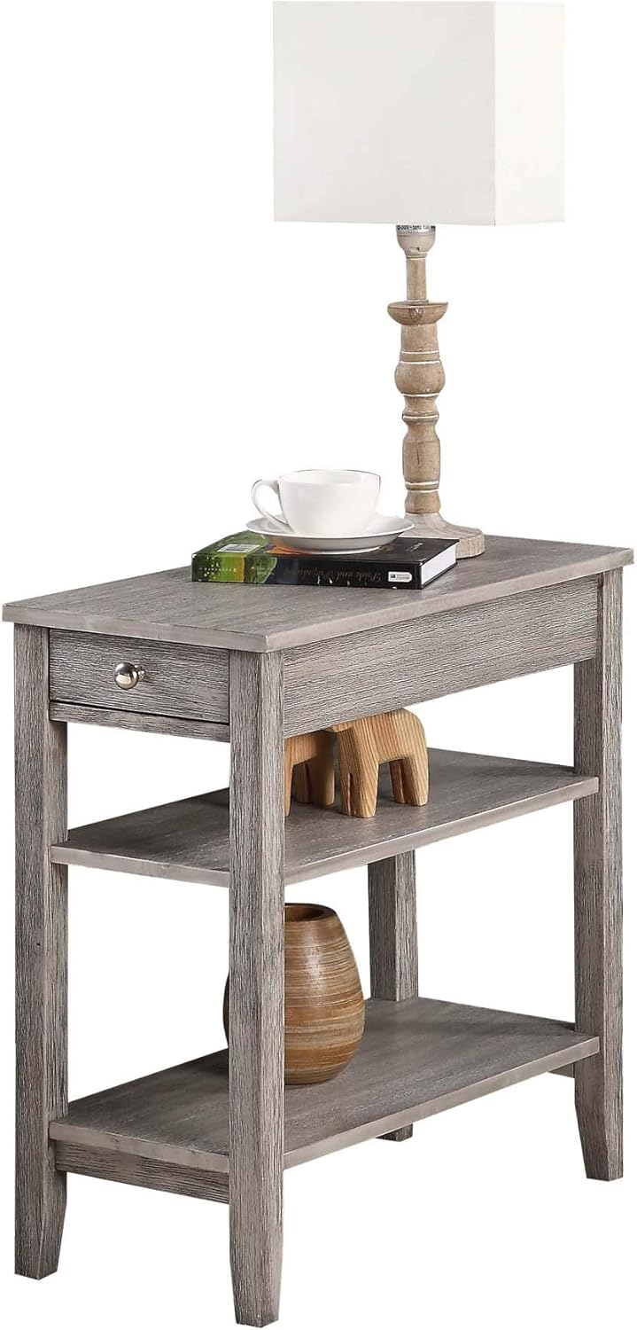 Convenience Concepts American Heritage Chairside End Table with Drawer 23.5" - Classic Living Room Table with Storage Shelf, Bedroom Nightstand, Wirebrush Light Gray