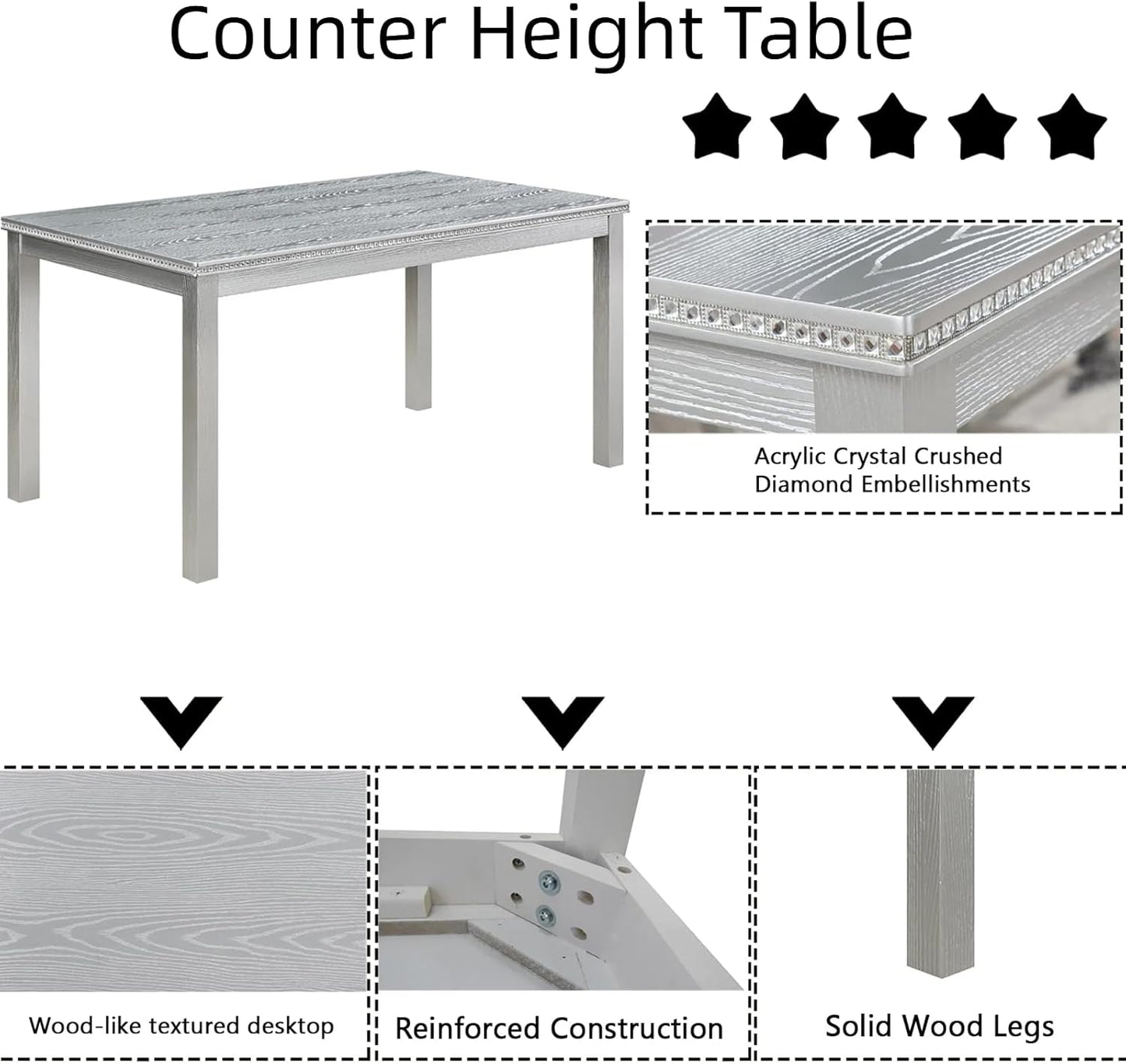 Dining Table Set for 5, 6 Piece Dining Room Table Set with Rectangular Crystal Decoration Table, 4 Upholstered Chairs and Bench, Counter Height Kitchen Sets with MDF Tabletop, Silver Gray