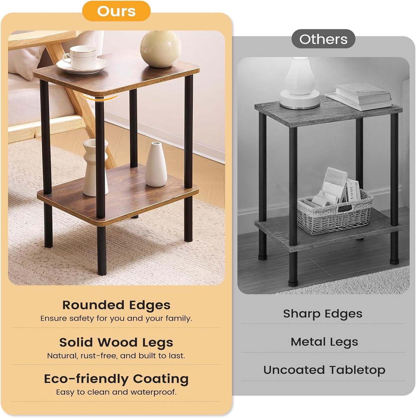 Apicizon 2 Tier End Table Set of 2, Small Side Table with Solid Wood Legs, Boho Bedside Table with Storage Shelf, Nightstand for Small Spaces, Bedroom, Living Room, Entryway, Easy Assembly, Brown