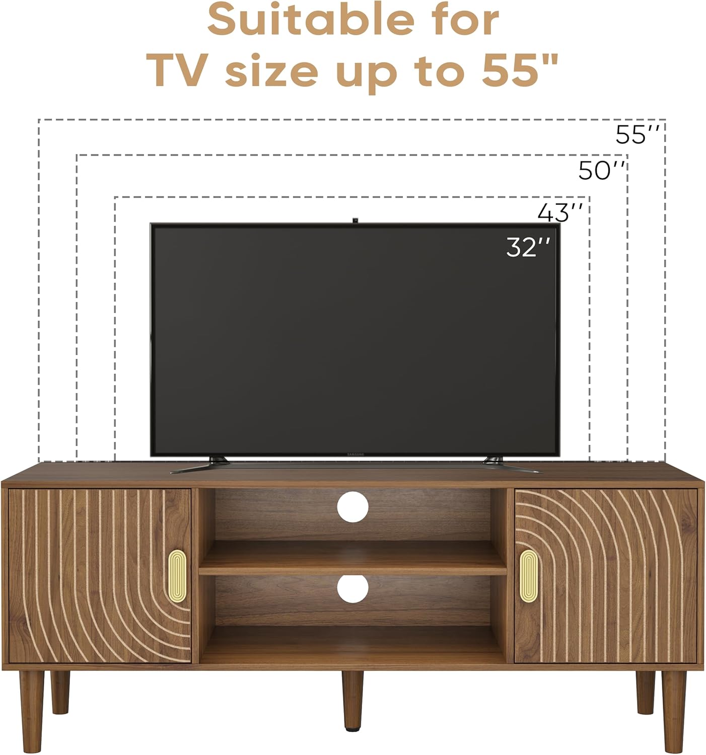 Smuxee Walnut TV Stand with Line Groove Design, 47.2" Mid Century Modern TV Media Console for TVs up to 55", TV Cabinet with Adjustable Shelf & 2 Cabinets for Living Room