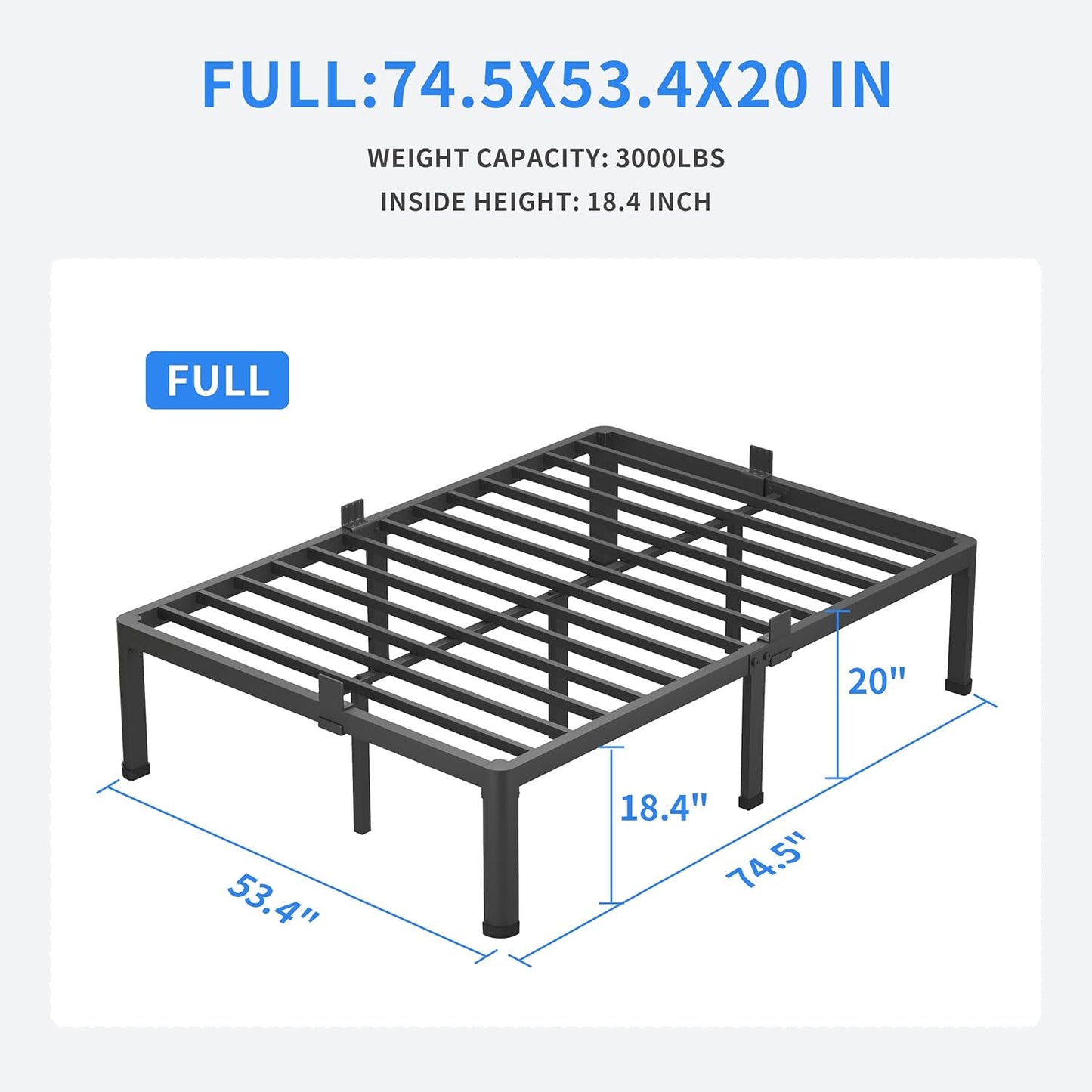 MAF 20 Inch Full Size Bed Frame with Round Corner Legs Mattress Slide Stopper No Box Spring Needed Heavy Duty Metal Platform Bed Frames Under-Bed Storage Space, 3000 LBS Steel Slats Support