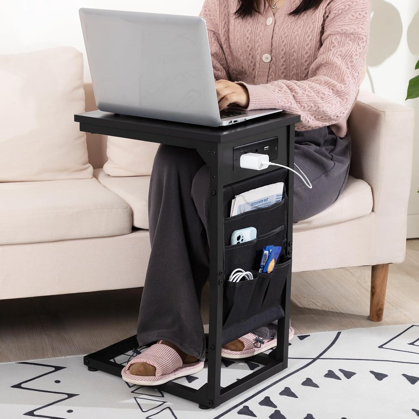 AMHANCIBLE C Shaped End Table with Charging Station, TV Tray Set of 2, Couch Tables with Storage Bag, Slide Under Sofa Side Table with USB Ports and Outlets for Living Room, Black, HET04CBK