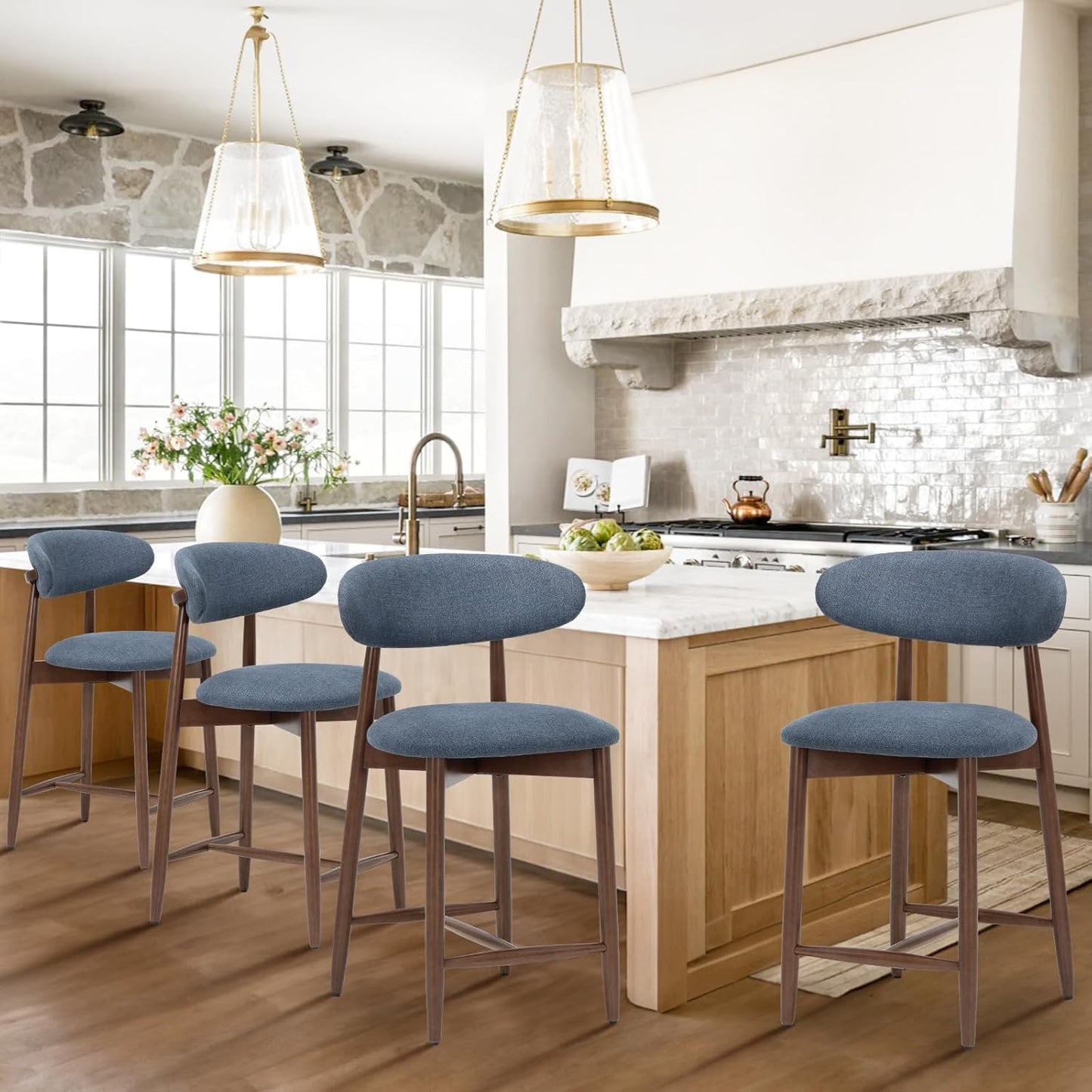 COLAMY Mid Century Modern Bar Stools Set of 4, Counter Height, Blue Fabric Upholstered Wooden Barstools with Back, 25 Inch