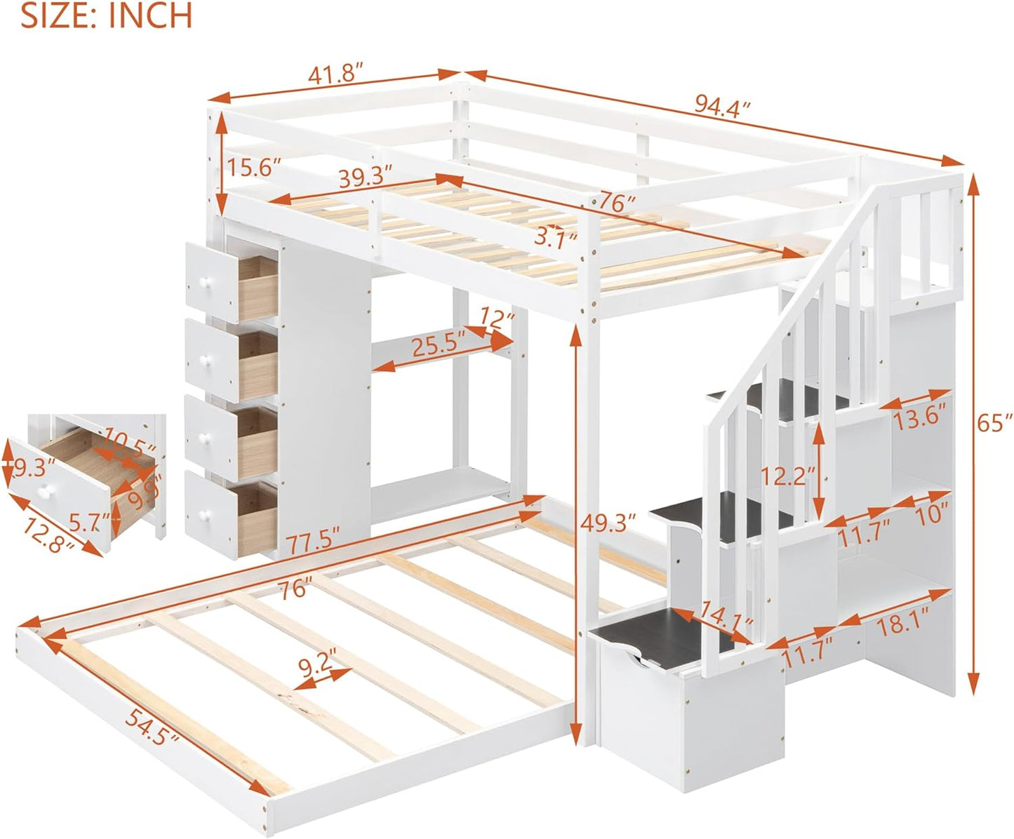 Twin Over Full Bunk Bed with 3-Layer Shelves,Wood L-Shape High Loftbed Frame W/ 4 Drawers & Storage Stairs,No Box Spring Required,Slats Support,for Kids Teens Adults,White