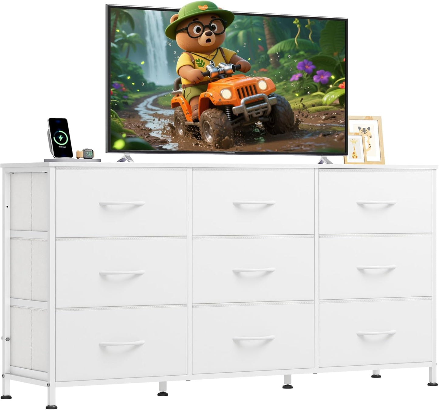 WLIVE 47''W Dresser for Bedroom, White Dresser TV Stand for 45, 50, 55 inch TV, Wide Chest of Drawers with 9 Drawer, Large Entertainment Center, Fabric Dressers with Wood Top for Closet, Living Room