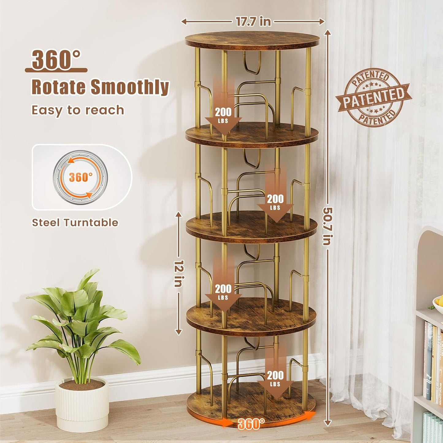 Rotating Bookshelf, 4 Tier Spinning Bookshelf Tower, 360° Display Unique Round Bookcase, Floor Standing Corner Revolving Bookshelf Storage Organizer for Small Spaces, Home Study Office, Gold