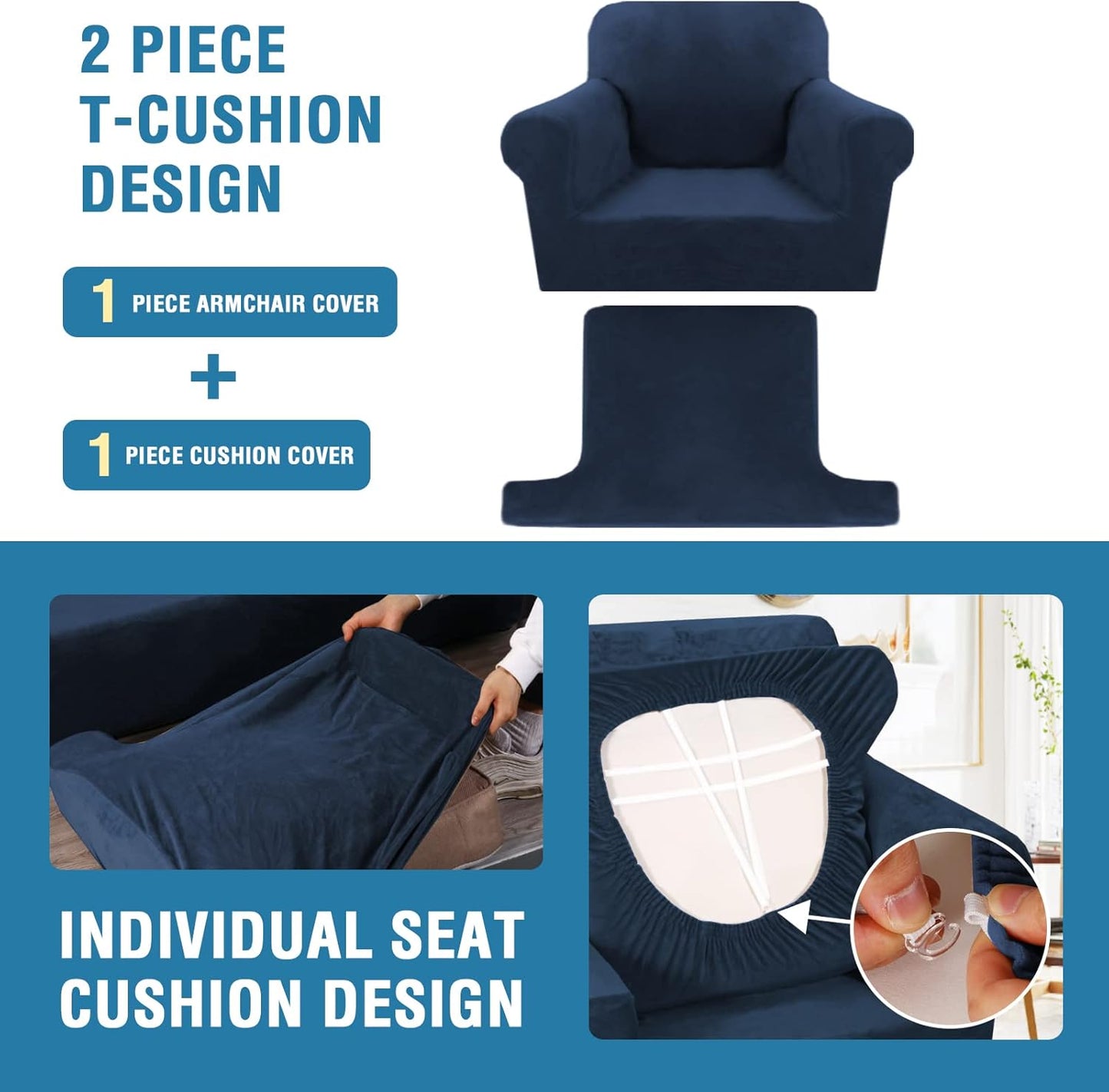 H.VERSAILTEX Sofa Cover 2 Piece T Cushion Armchair Slipcovers Thick Velvet Couch Cover Furniture Protector Stretch T Cushion Sofa Covers for 1 Cushion Couch with 1 Individual T Cushion Covers, Navy