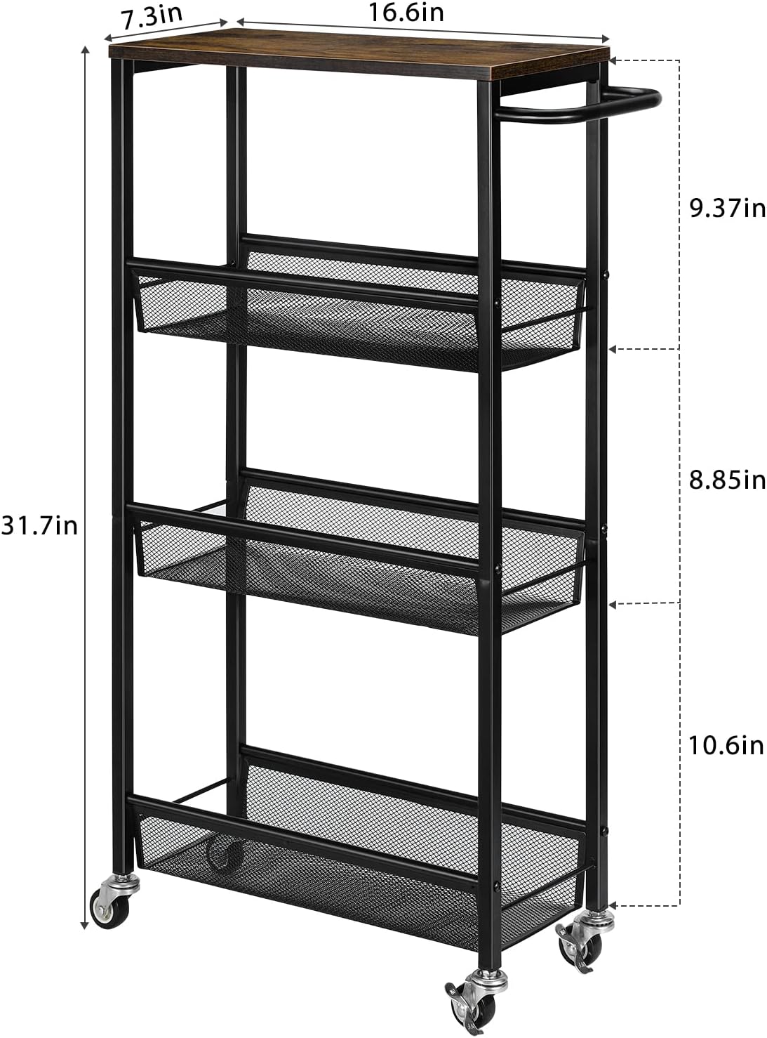 MOOACE Slim Storage Cart, 4 Tier Rolling Kitchen Shelving Unit on Wheels Mobile Narrow Cart with Wooden Tabletop for Bathroom, Laundry Narrow Places, 16.6''x 7.3''x 31.1''inch