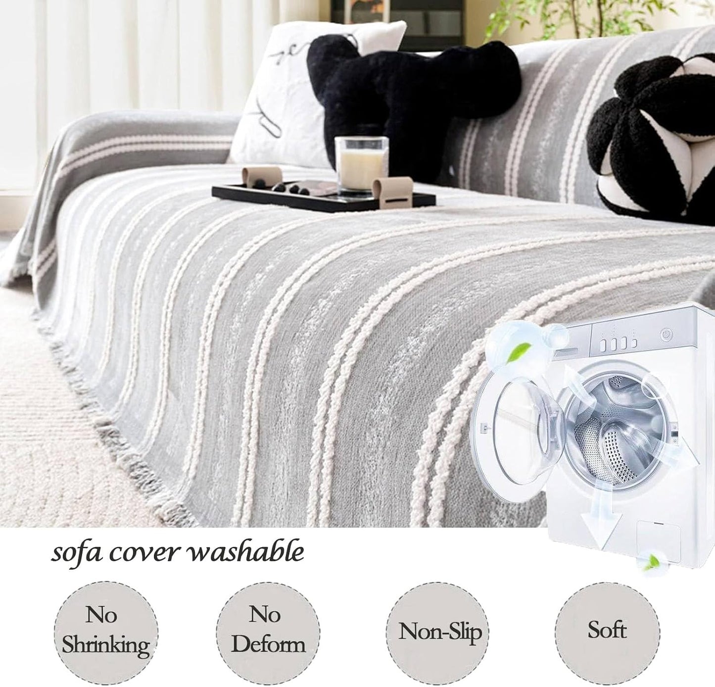 Couch Cover for Dogs Washable Sofa Cover, Sectional Couch Covers, Sofa Covers for 2 Cushion Couch, Non Slip Stripe Sofa Slipcovers Furniture Protector, Couch Protector from Cat Claws, Light,71''x134''