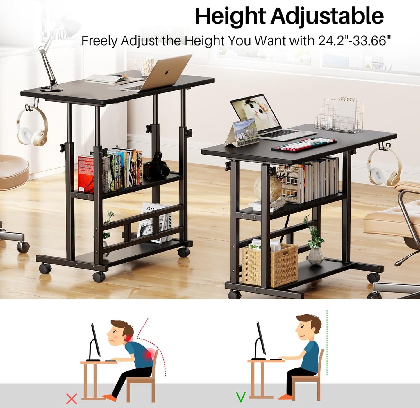 Adjustable Height Standing Desk, Rolling Stand Up Desk with Storage Shelves, 31.5" Small Mobile Computer Desk, Portable Laptop Table (Simple Black)