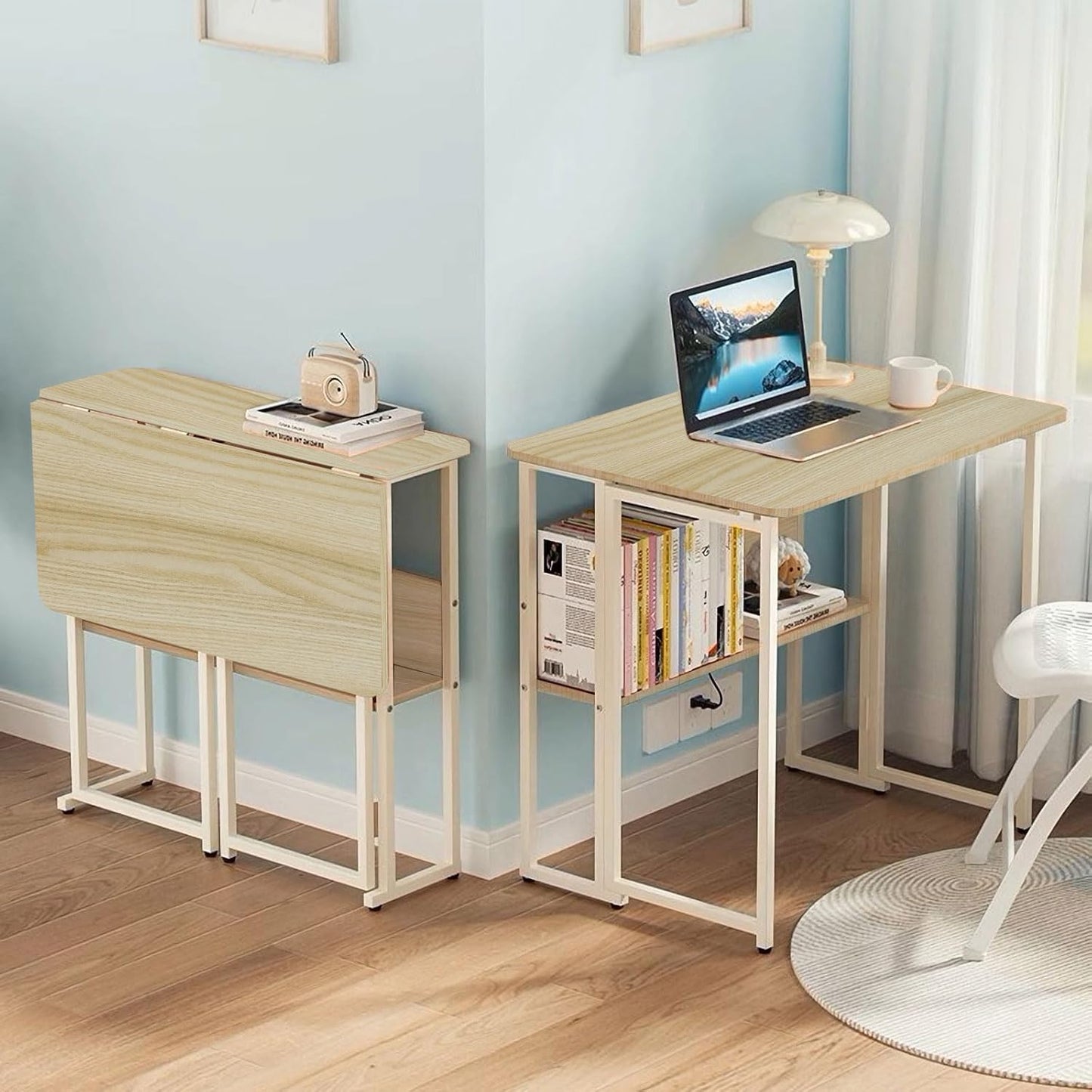 32'' Small Folding Table, Foldable Table with w/Rollers and Fixed Feets,Steel Frame and MDF Top,Couch Table for Small Space, Easy Assembly, Natural and White