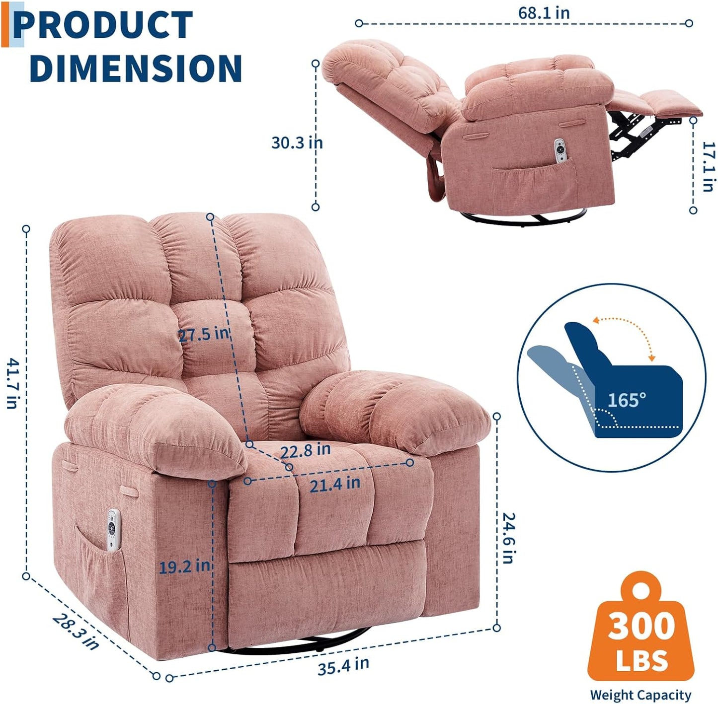 Rocking Recliner Chair with Vibration Massage & Heat, 360° Swivel Oversized Rocker Recliner with Side Pocket for Living Room, Bedroom & Nursery