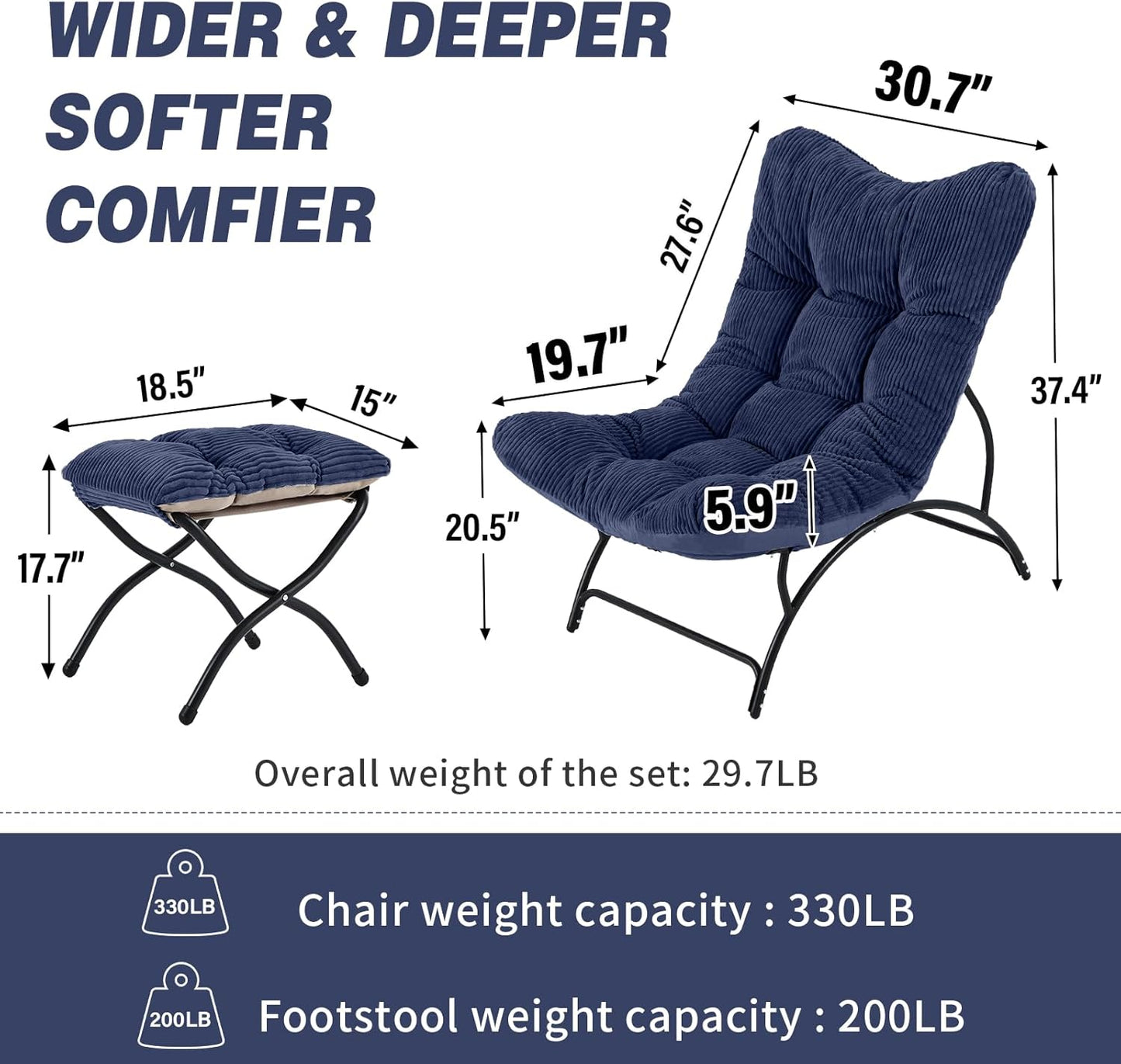 Welnow Accent Chair with Ottoman, Lounge Comfy Soft Leisure Metal Frame Reading Chair with Footrest, Upholstered Thick Cushion Seated Recliner Sofa for Living Room, Bedroom, Dorm, Navy
