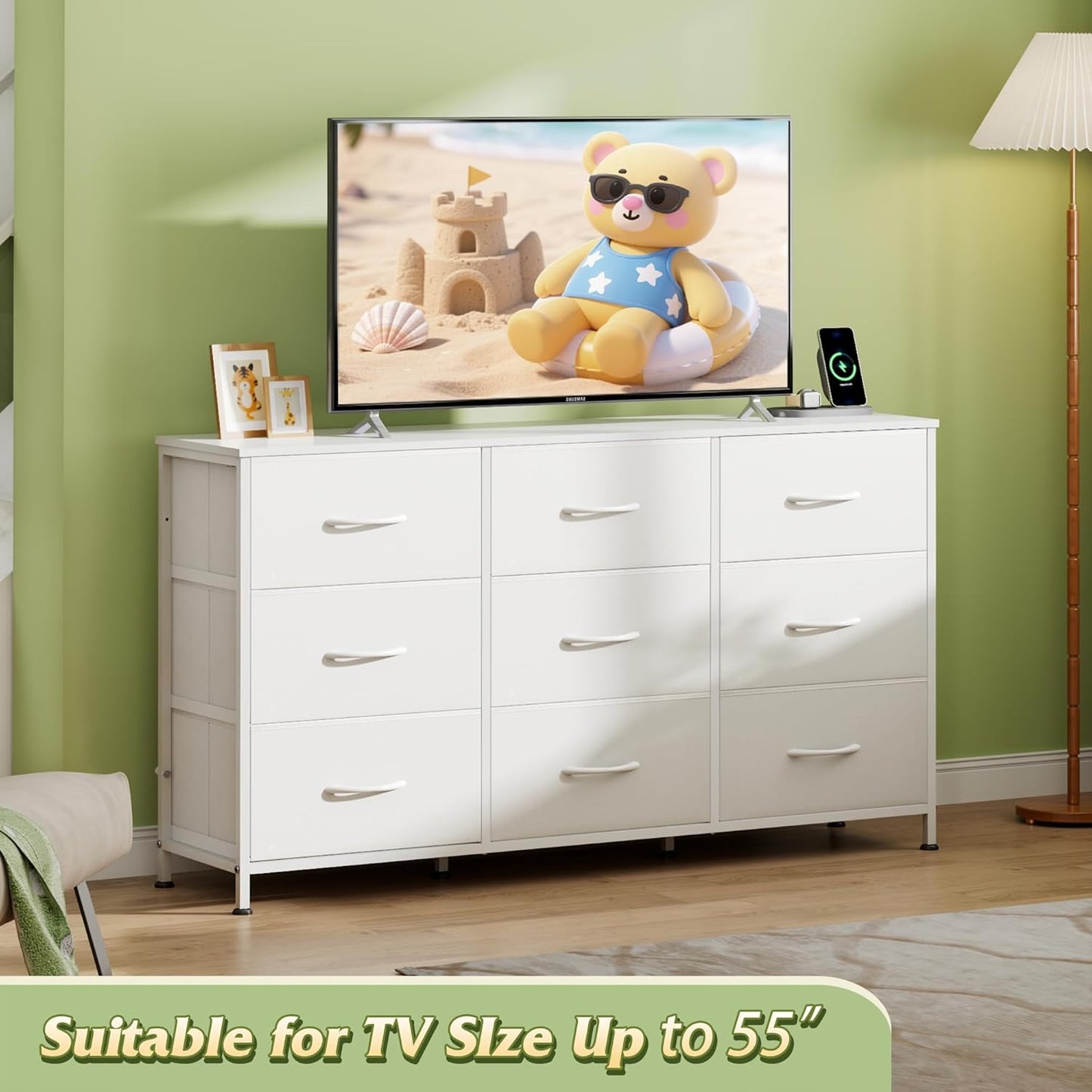 WLIVE 47''W Dresser for Bedroom, White Dresser TV Stand for 45, 50, 55 inch TV, Wide Chest of Drawers with 9 Drawer, Large Entertainment Center, Fabric Dressers with Wood Top for Closet, Living Room