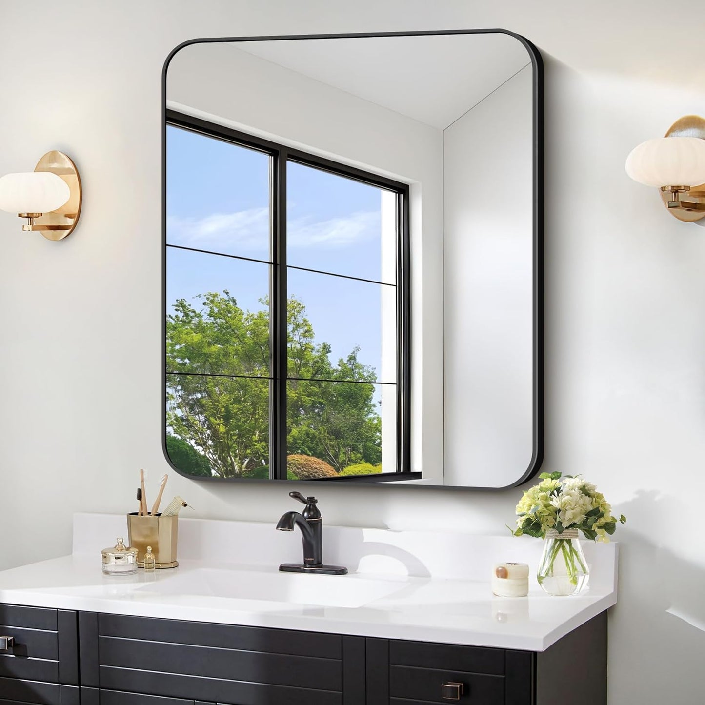 FORBATH Bathroom Mirror 30" x 36", Rectangle Black Bathroom Mirror with Black Aluminum Frame Rounded Corner, Wall Mounted Mirror for Bedroom Entryway Living Room