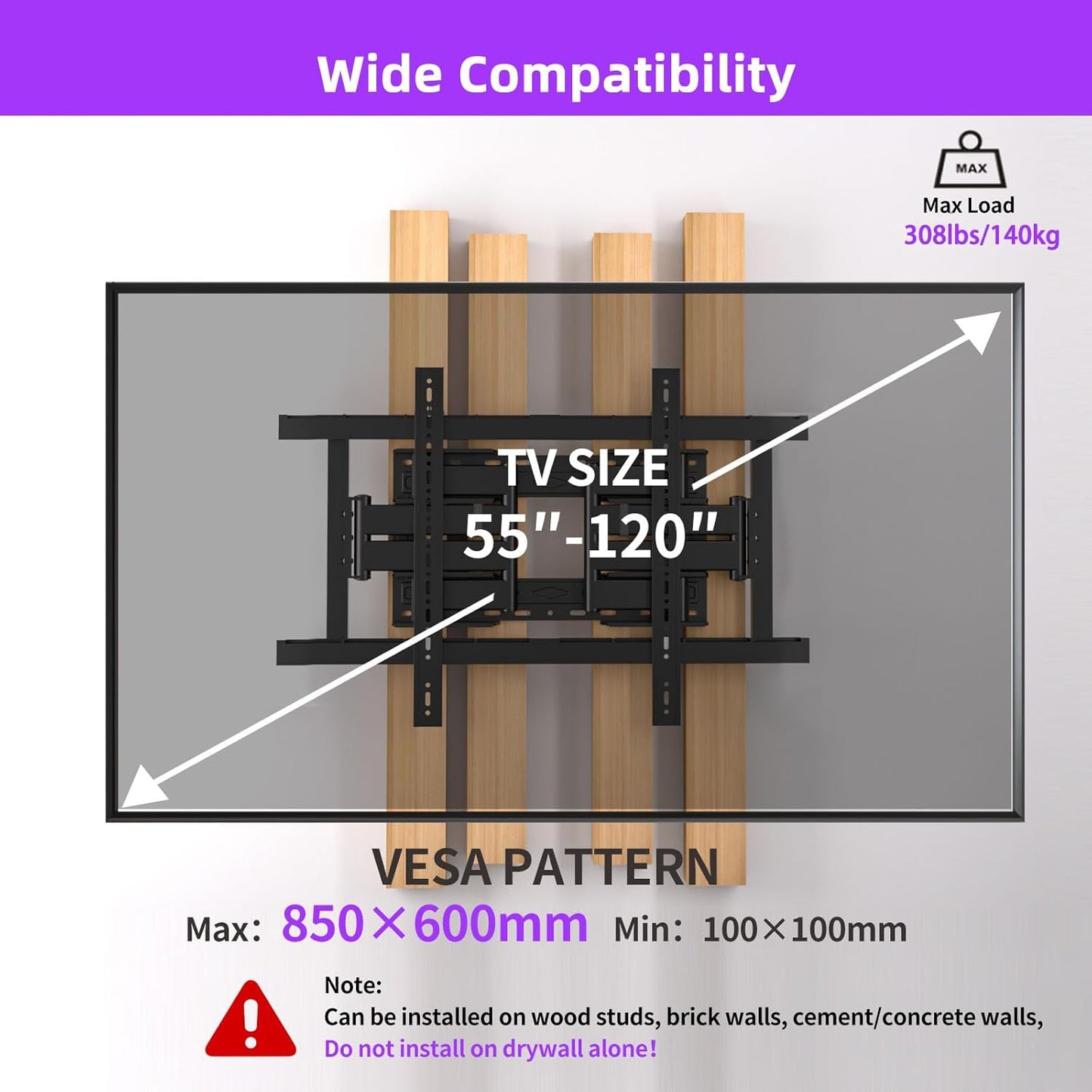 Full Motion TV Wall Mount for 55-120 Inch TVs,308Lbs Heavy Duty,Ultra-Slim 8 Articulating Arms,Tilt, Swivel & Extension,Preassembled,Avoid sockets,Max VESA 850x600,Fits 16-24" Studs,XL-DY867