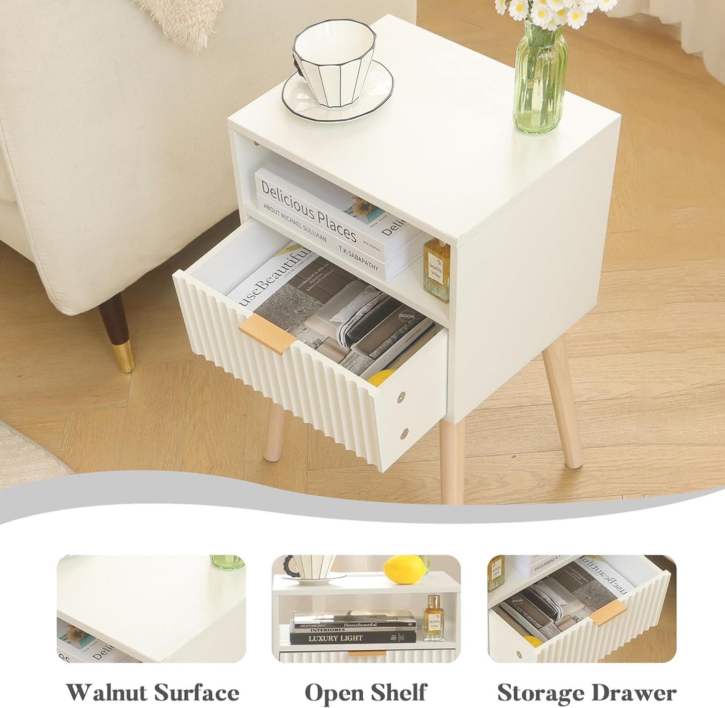 Night Stand, White Bedside Table with Drawers and Open Shelf, Fluted Nightstand with Solid Wood Legs for Bedroom, Dorm and Small Space (White)