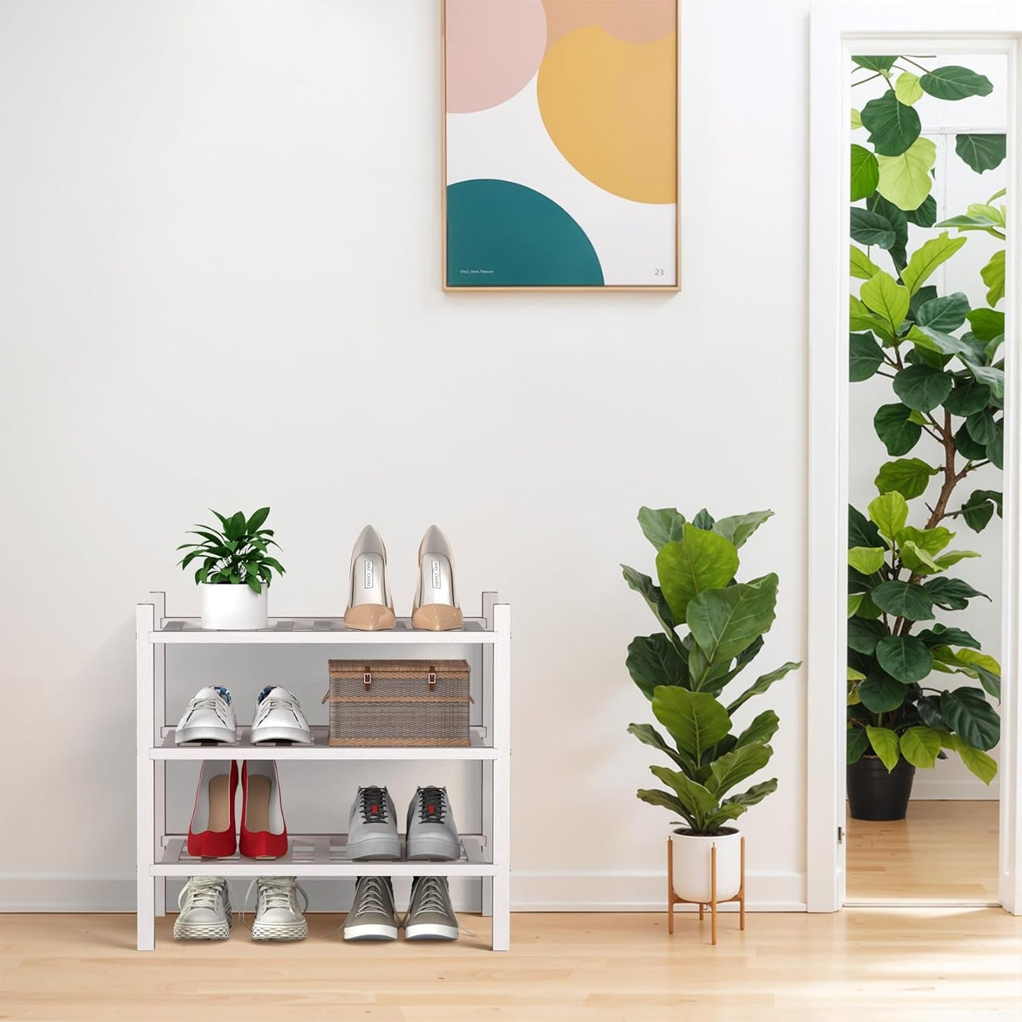 Haddockway small 3 Tier Bamboo Shoe Rack Storage Organizer, Multifunctional Free Standing Stackable Shoe Shelf with Grid Panel for Closet,Hallway,Entryway,Small Space 18"x11"x17"(White, 3-Tier(Small))