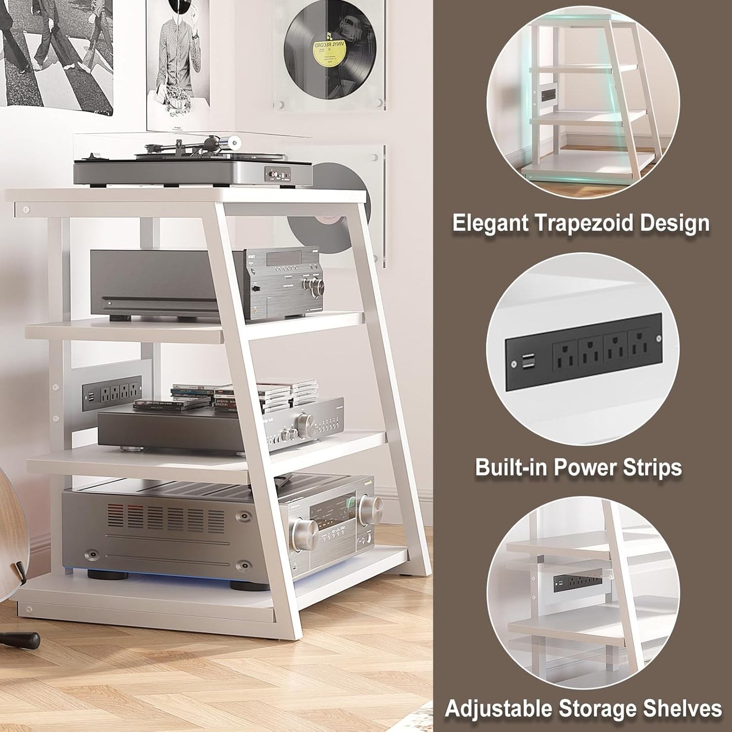 Armocity 4-Tier AV Media Stand with Power Strips, Stereo Stand with LED Lights, Audio Tower Rack with Adjustable Shelves, Small Entertainment Center, 30'', White