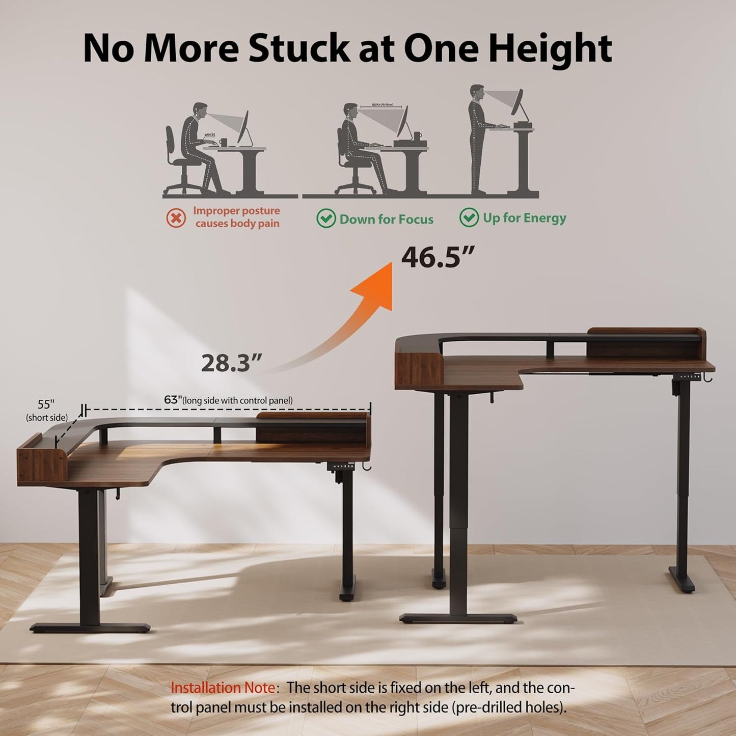 Agilestic L Shaped Standing Desk, Corner Desk with Monitor Shelf, Adjustable Height Gaming Table, Sit Stand Up Table, 63 x 55 Inch Home Office Computer Workstation, Splice Board, Dark Walnut