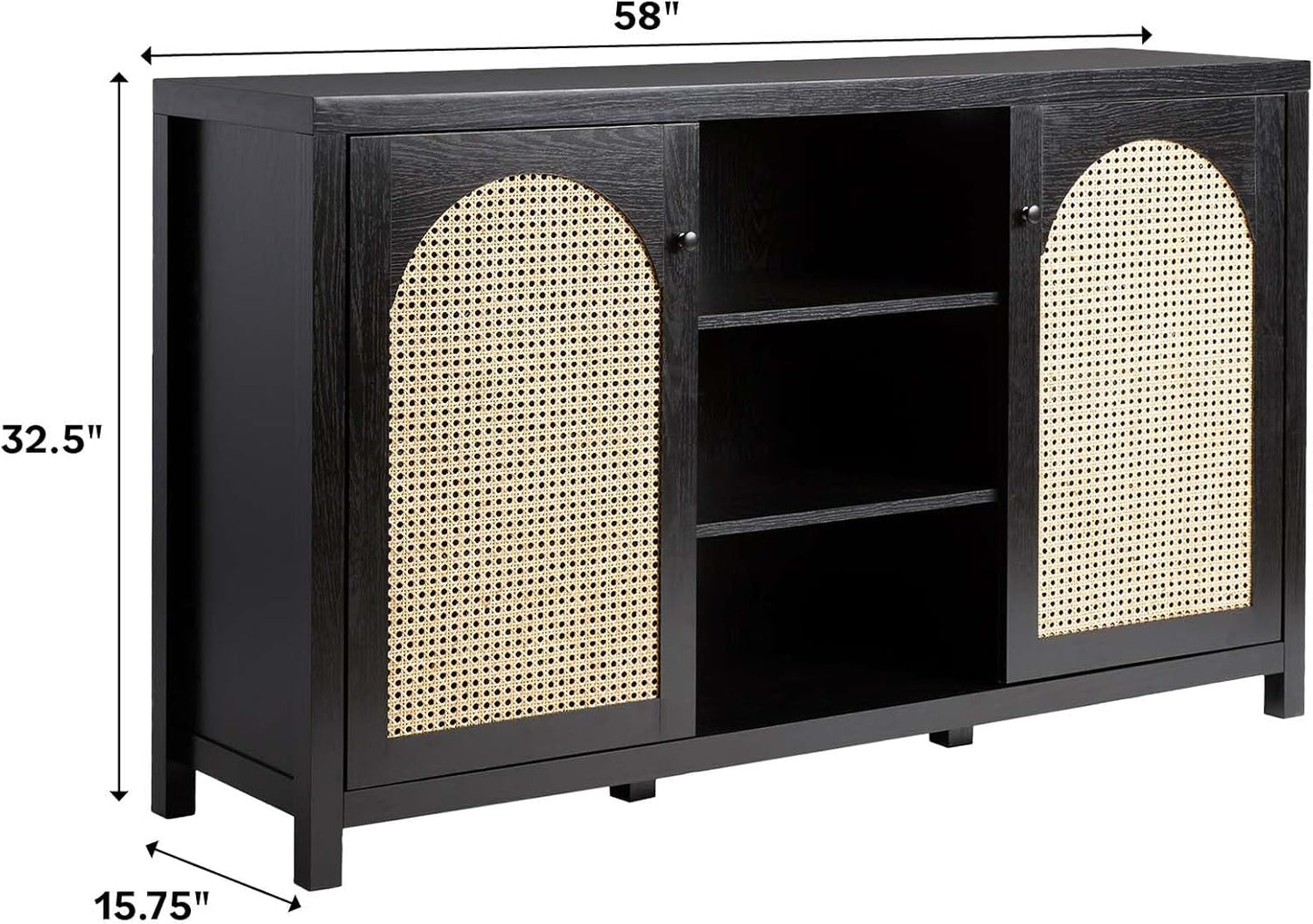 Walker Edison Sasha 2-Door Sideboard Buffet with Arched Rattan Panels, 58 Inch, Black