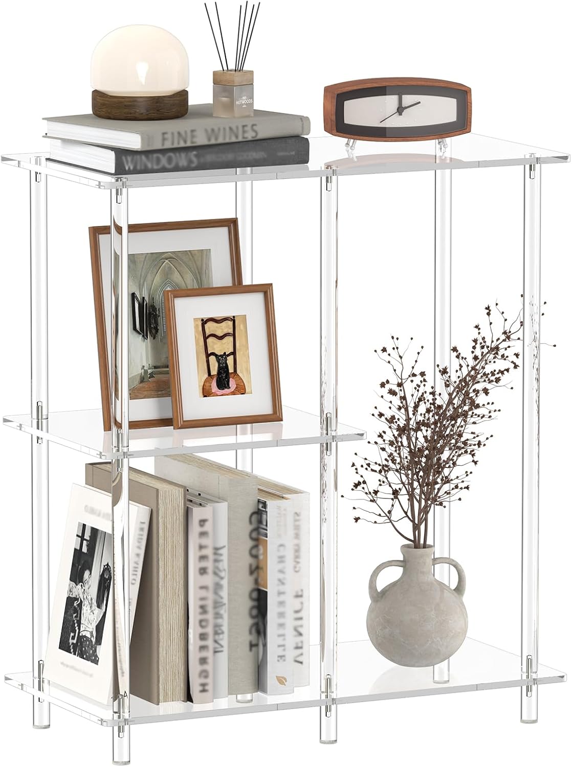 Acrylic 3-Cube Bookshelf for Small Spaces, 11.6" D x 23.6" W x 26.5" H, Clear Short Bookcase, Modern, 3-Tier Open Book Shelf for Living Room, Bedroom, Office, Easy Assembly
