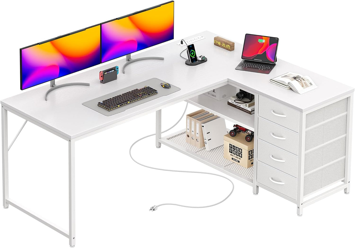 PRAISUN 53" L Shaped Desk with Power Outlets and USB-C Port, Reversible Computer Corner Office Desk with 4 Fabric Drawers and 2 Height-Adjustable Shelves, Large for Gaming Writing Work Study, White