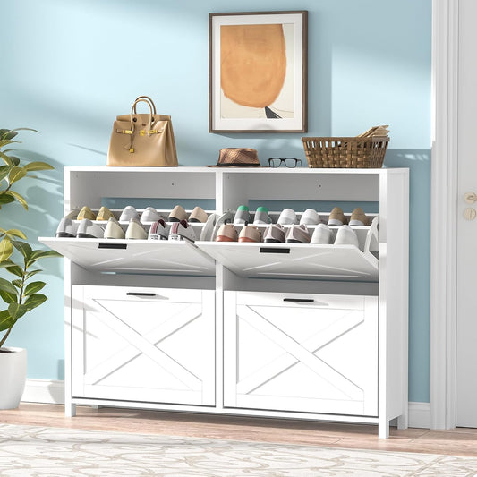 47" W Large Shoe Storage Cabinet with 4 Flip Drawers, Freestanding Hidden Shoe Cabinet Organizer with Adjustable Shelf, Narrow Shoe Cabinet for Entryway Hallway Living Room